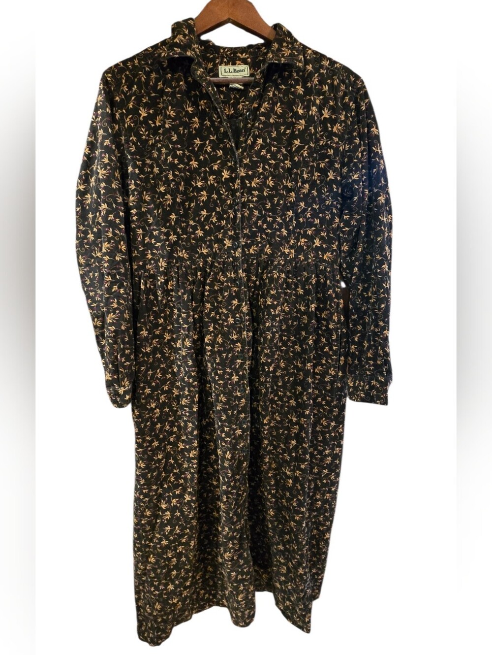 Vintage 90s L.L. Bean Floral Corduroy Button-Down Midi Dress Dark Brown Sz 10 - Picture 2 of 10